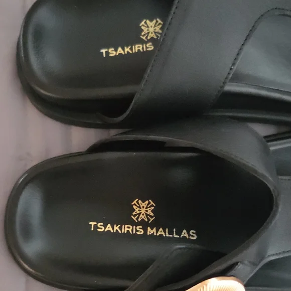 Chic Black Leather Sandals with Gold Buckle (New) - Picture 2 of 7